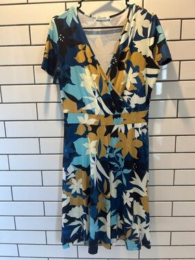 Surplice Midi Dress in Navy, Mustard & Light Blue by